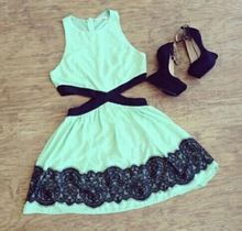 Vestido Casual preto verde hortelã mini Lace