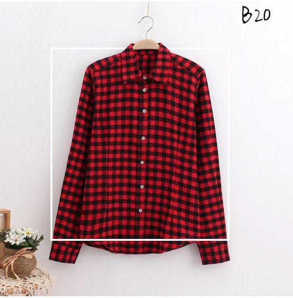 Blusa Feminina Primavera Xadrez Cores De Algodão Manga Longa