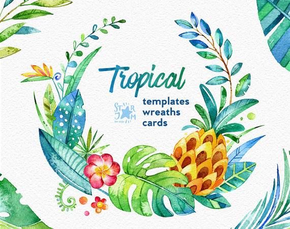 Kit elementos cliparts Aquarela guirlanda tropical