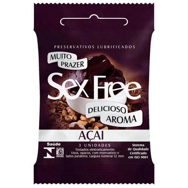 PRESERVATIVOS LUBRIFICADOS AROMÁTICOS COM 3 UNIDADES SEX FREE AÇAI