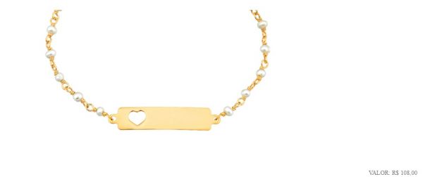 Pulseira melindrosa com pérolas e placa folheada a ouro amarelo branco ou rosé.