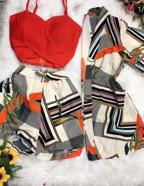 Conjunto 8 pçs/Feminino Kimono + Shorts Estampado Coleção Nova