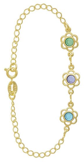 Pulseira infantil folheada a ouro, contendo corrente e adereços de flores vazadas e pedras sintética