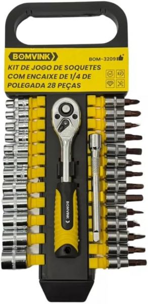 BOMVINK Kit de Soquetes, 28 Peças, Encaixe 1/4 Polegada com Catraca, Extensor e Bits