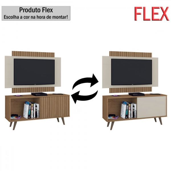 Rack com Painel Malaga 119 Canelato Rustico Efeito 3D.Canelato Natura.Off White Flex Atualle Moveis