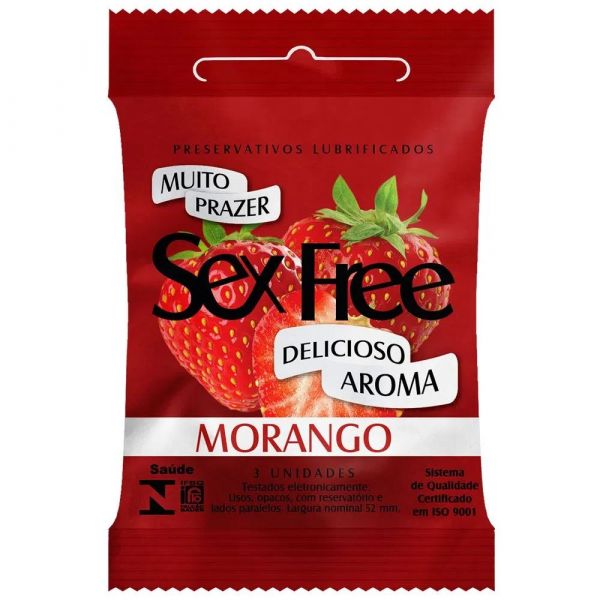 PRESERVATIVOS LUBRIFICADOS AROMÁTICOS COM 3 UNIDADES SEX FREE MORANGO