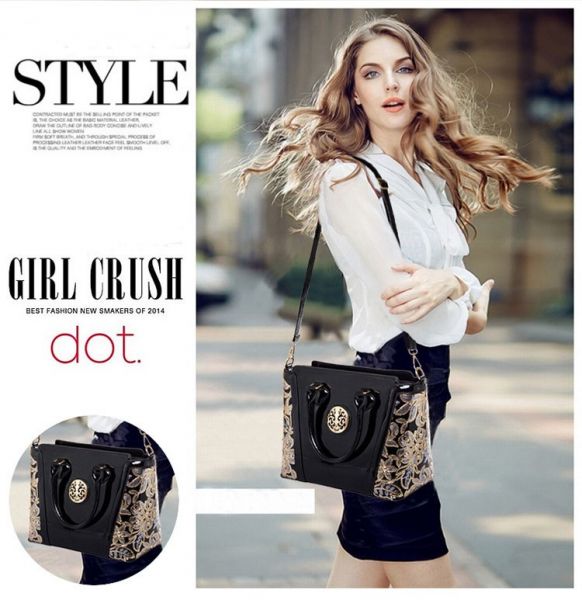 Bolsa Feminina De Couro Envernizada De Luxo Bordada