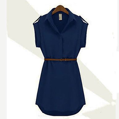 Lapela Chiffon Cap estiramento da luva das mulheres camisa Mini vestido com cinto #01136685