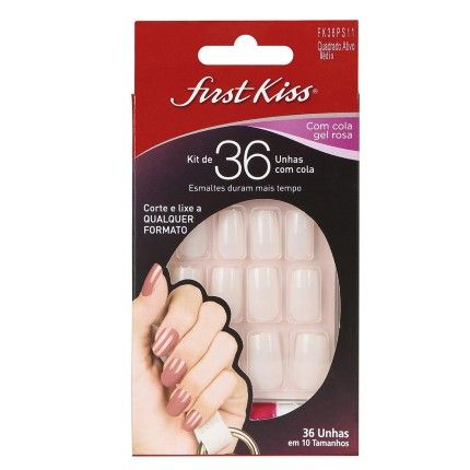 Unhas Postiças Naturais Quadrado Médio com Cola First Kiss - Unhas Postiças - Kit de 36 Unhas