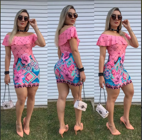 Vestido Feminino Curto Ombro A Ombro Babado Justo Estampado