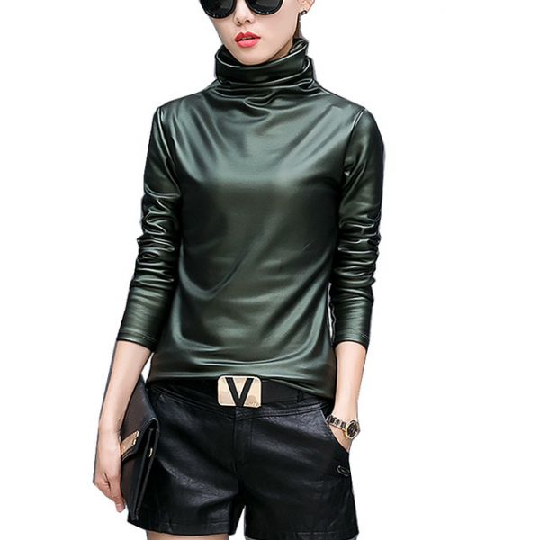 Blusa Feminina Primavera Moda Elegante Manga Longa De Couro