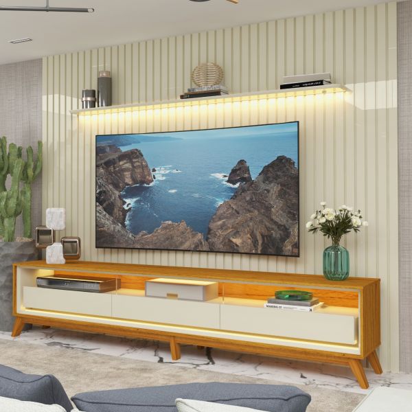 0552442 Conjunto Painel Nobre 275 Off White e Rack Requinte 260 Pes Madeira Naturale.Off White Geliu