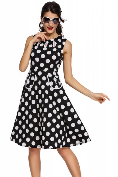 Vestido Vintage Estilo Clássico Preto com Bolinhas (DLC61043-2)