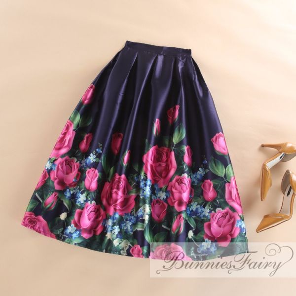 Saia Casual Estampada Rosas Azul Elegante