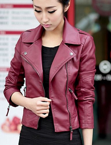 Feminino Jaqueta Tamanhos Grandes Outono,Sólido Vermelho / Preto Poliuretano Manga Longa Média