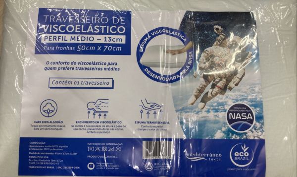 Travesseiro Visco Nasa Viscoelastico Perfil Medio 50x70 Eco Brasil