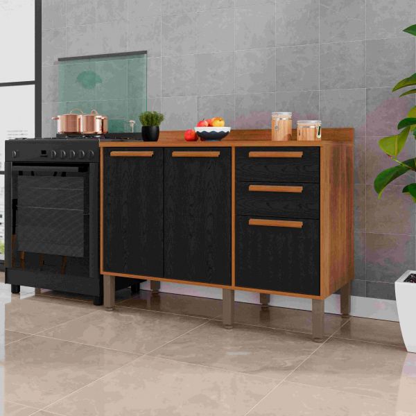16279.Balcao Cozinha Florida 120 3P2G Cinamomo.Preto Salleto