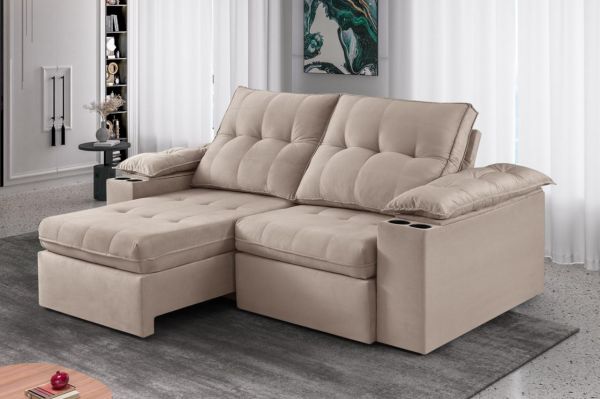 Estofado Retratil Reclinavel Itaborai 250 2x100 Brc 25cm Veludo Capuccino 15 Idealle
