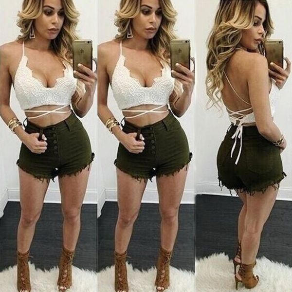 Shorts feminino com cintura alta e franja, slim verde