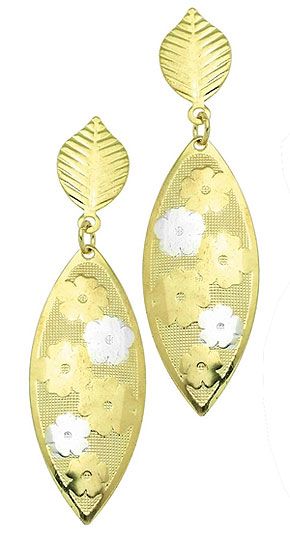 Brinco folheado a ouro c/ estampas de flores e aplique de prata