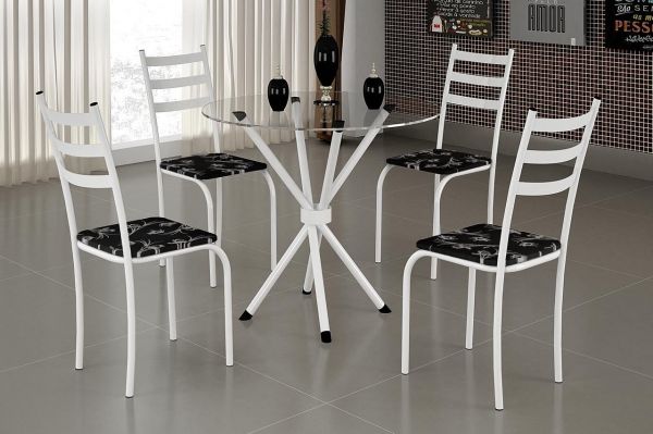 5306.27.1.92 Conjunto Mesa Maraba 75x75 Branco Tmp Vidro Redondo com 4 Cds Branco.Lirio Preto Teixei