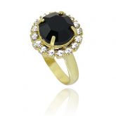 Anel folheado a ouro c/ pedra acrílica preta rodeada por pedras de strass - Cód:AN0554