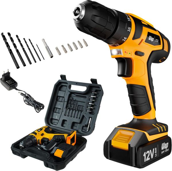 WAP Parafusadeira e Furadeira à Bateria 12V BPF-12K3, Kit de 13 Acessórios e Maleta, Empunhadura Emb