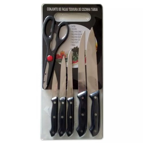 Conjunto 5 facas 1 tesoura e 1 Tabua cozinha utensílios