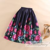 Saia Casual Estampada Rosas Azul Elegante