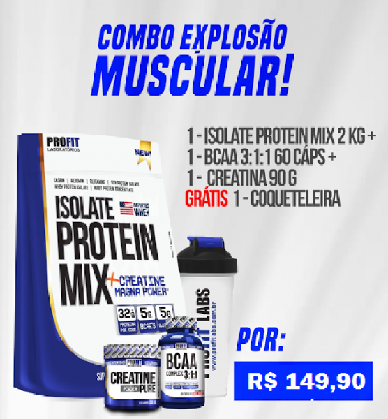 SUPER COMBO - ISOLATE PROTEIN MIX 2 KGS + CREATINA 90 GRS + BCAA 60 CAPS + COQUETELEIRA