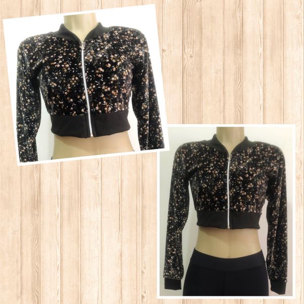 Jaqueta / Cropped Bomber Veludo Estampada Floral