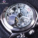 Relógio Masculino De Luxo Esqueleto Prata Pulseira De Couro