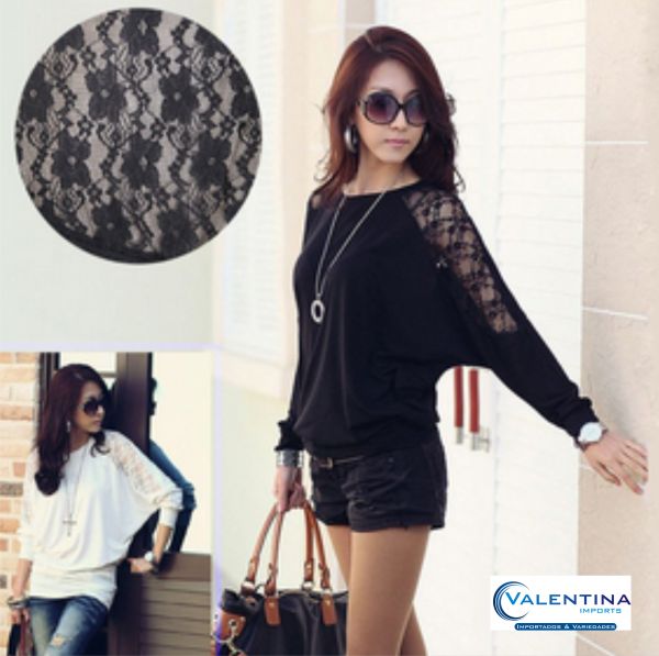 Blusa manga longa com detalhe em renda