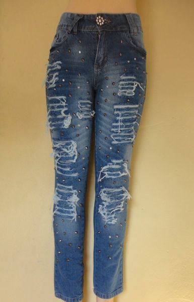 Calça  Jeans Skinny Destroyed Strass