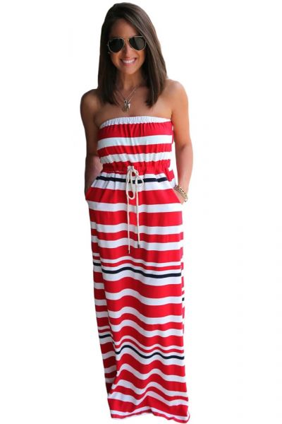 Vestido Longo Listrado Sem Alça Vermelho (DLC61150-3)