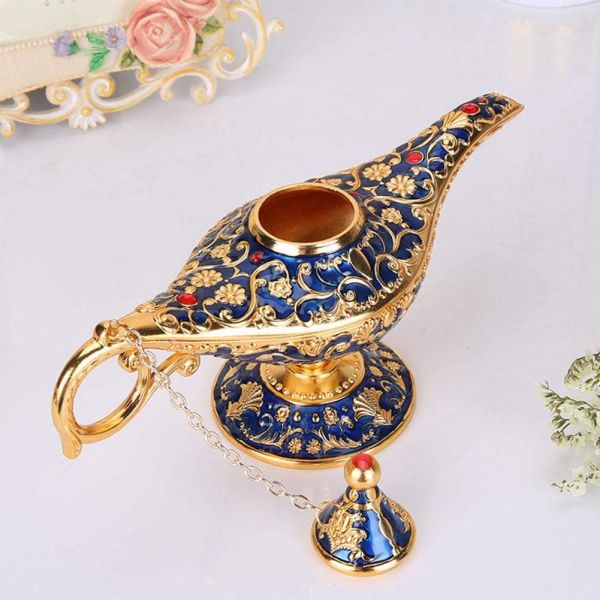 Lâmpada de Aladim - Metal Dourado e Azul - Gênio Aladdin + Chave Pingente - 21cm