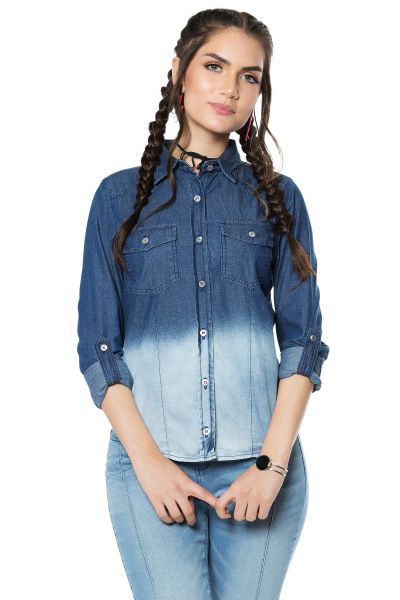 Camisa Jeans Feminina De Manga Longa Com Bolsos