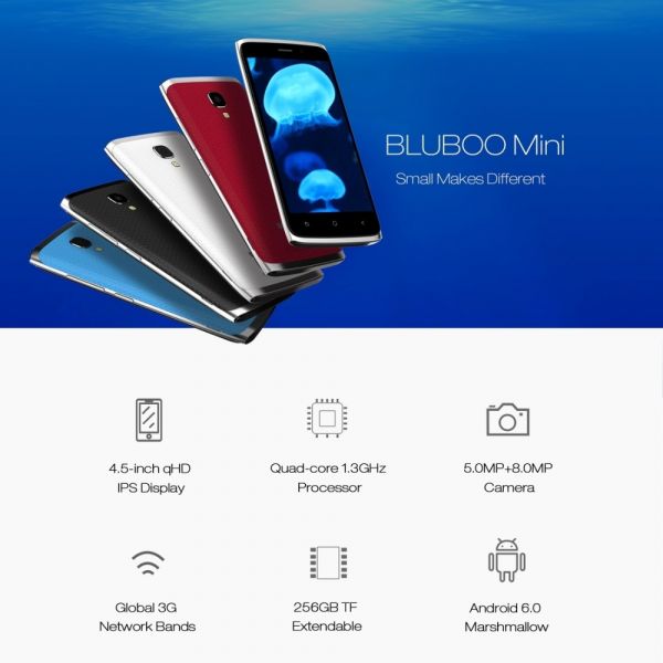 Bluboo 3G WCDMA Smartphone Android 6.0 Quad Core 1.3 GHz 1 GB, 8 GB 4.5 polegada IPS Tela 5.0M