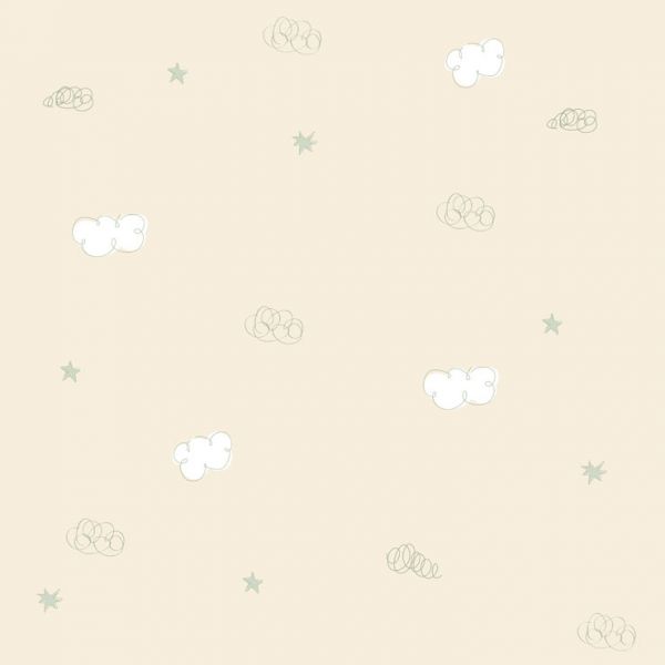 Papel de Parede Bambino's Bobinex (Nacional) - Nuvens e Estrelas (Bege/ Verde/ Branco) 3311