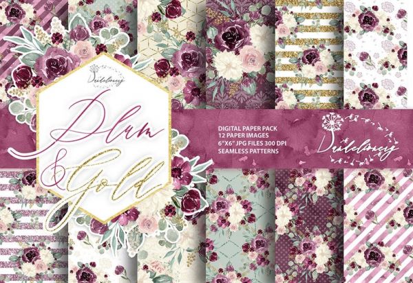 Kit papeis Florais aquarela premium rosas e dourado