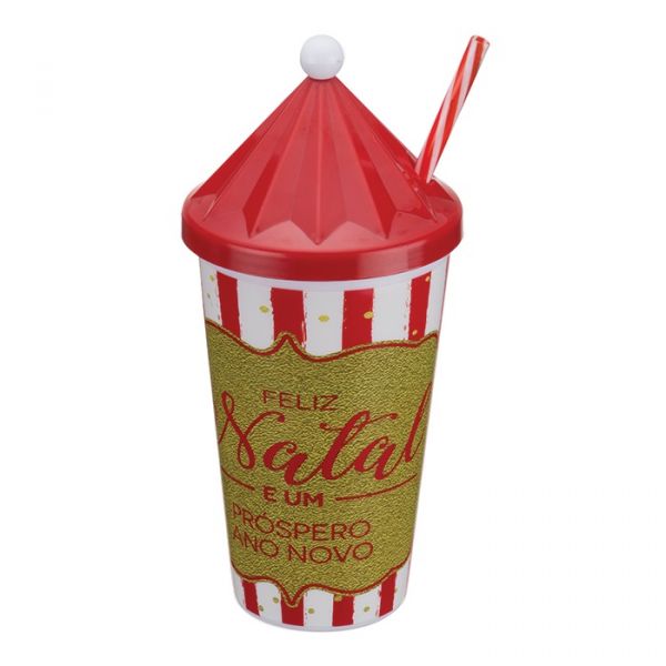 Copo Com Canudo Touca Art Christmas 600Ml