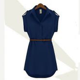 Lapela Chiffon Cap estiramento da luva das mulheres camisa Mini vestido com cinto #01136685