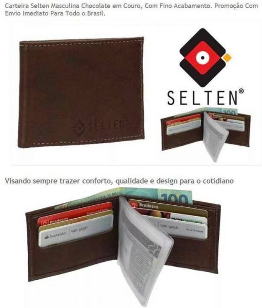 Carteira Selten Masculina Chocolate em Couro, Com Fino Acabamento.