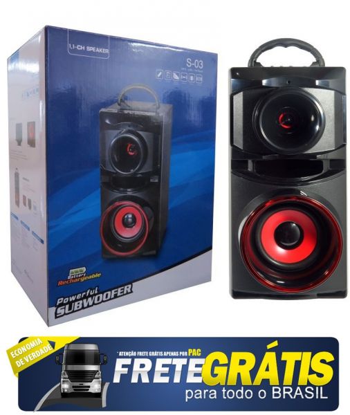 Caixa De Som Portátil S03 20w Subwoofer Radio Fm Mp3 Sd Aux