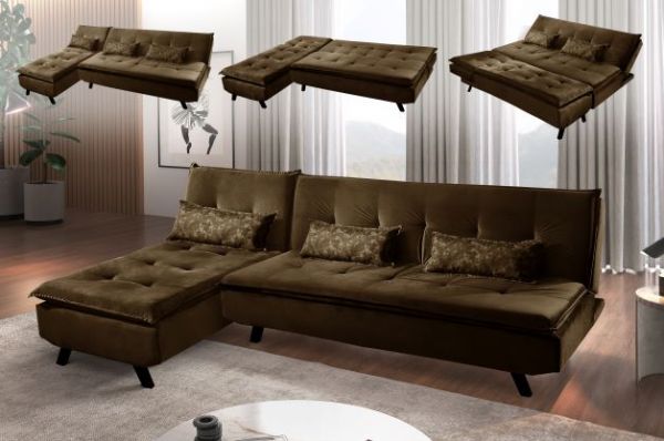 Sofa Cama Milano 3Lgs com Chaise Suede Marrom 2241B Luxury