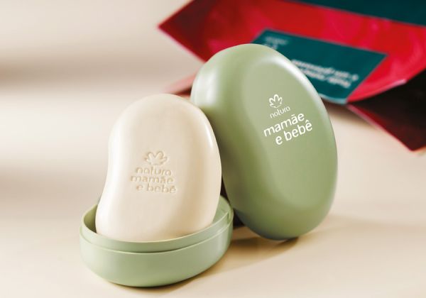 Sabonete em barra vegetal com saboneteira mamãe e bebê, 100 g.