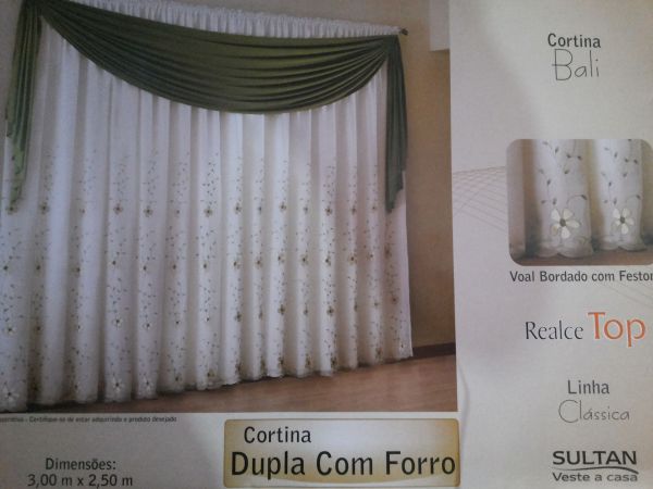 CORTINA BALI BEGE COM MARROM BORDADA