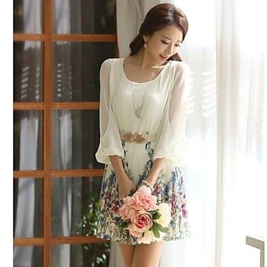 impressão 3/4 manga vestido de chiffon coreano das mulheres #01250893