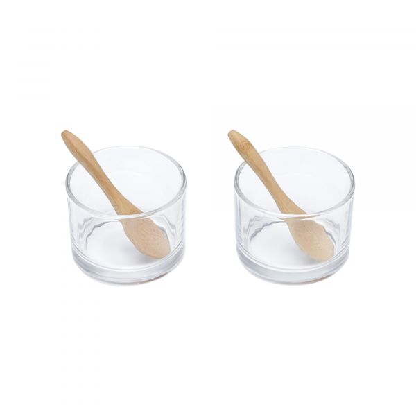 Conjunto 2 potinhos de vidro c/ 2 colheres de bambu