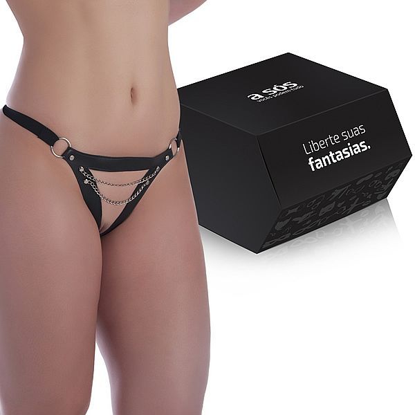 Calcinha em Couro com corrente de Metal na cor Preta